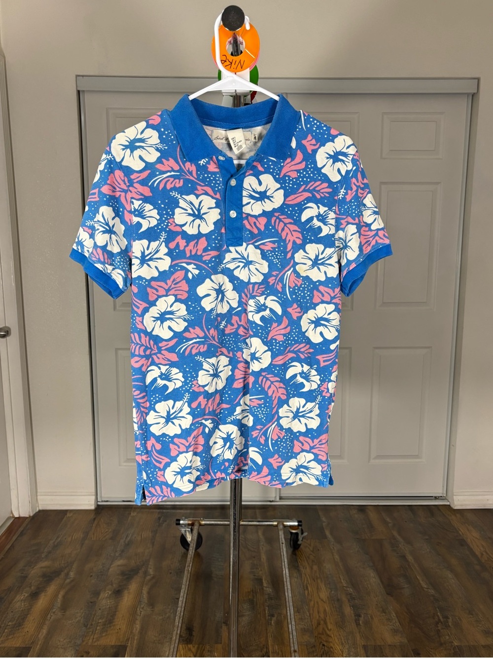 Men's Blue Floral Polo with Pink and White Hibiscus Print
